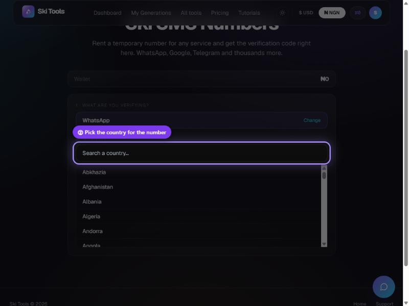 Ski SMS Numbers step 3: Pick a country